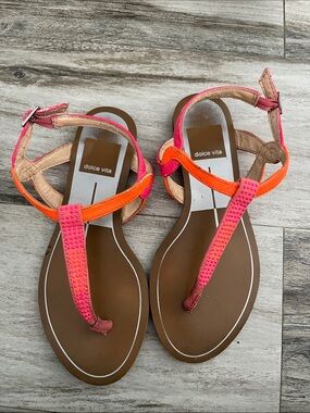 Dolce Vita Pink and Orange Girls T-Strap Sandals